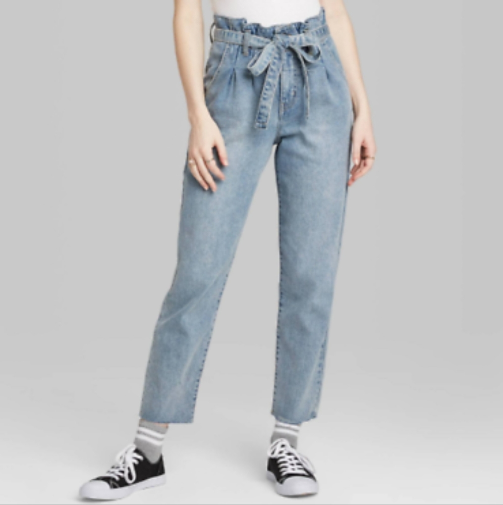 Womens high rise tapered paper bag jeans